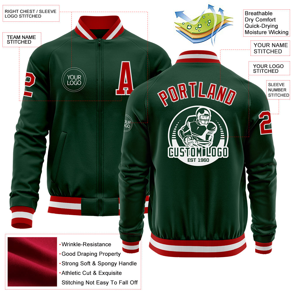 Custom Green Red-White Bomber Varsity Letterman Zipper Jacket