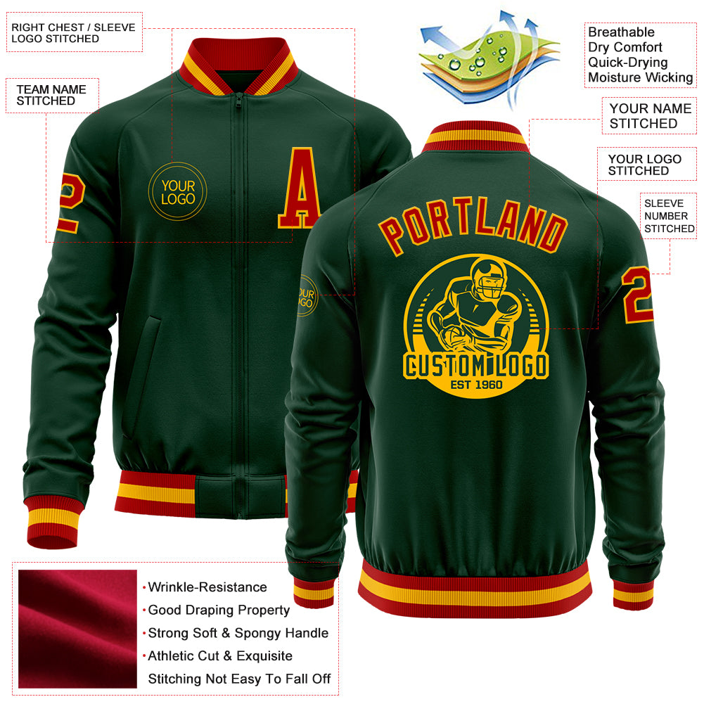 Custom Green Red-Gold Bomber Varsity Letterman Zipper Jacket