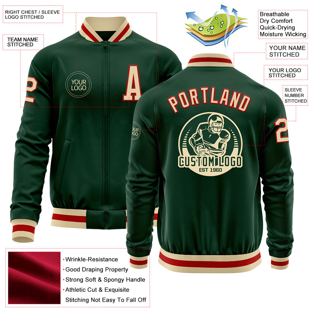 Custom Green Cream-Red Bomber Varsity Letterman Zipper Jacket