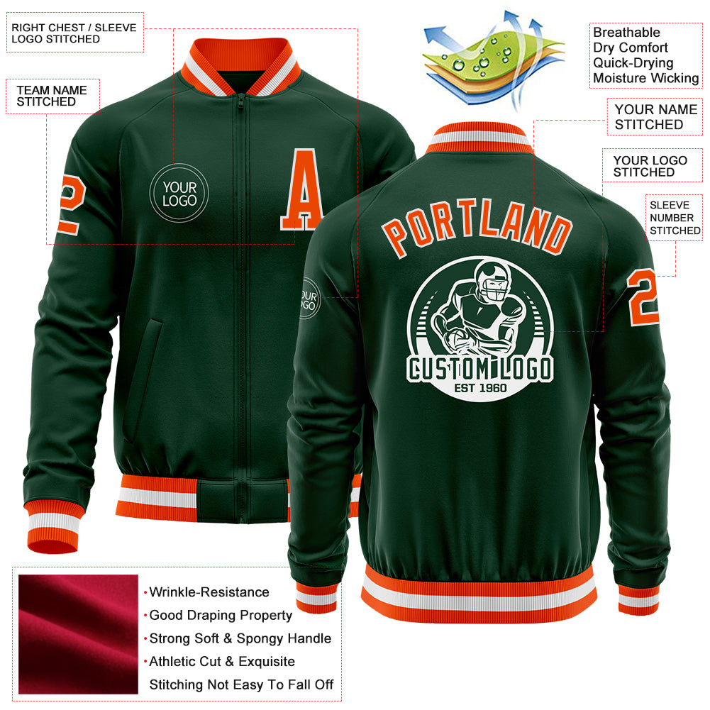 Custom Green Orange-White Bomber Varsity Letterman Zipper Jacket