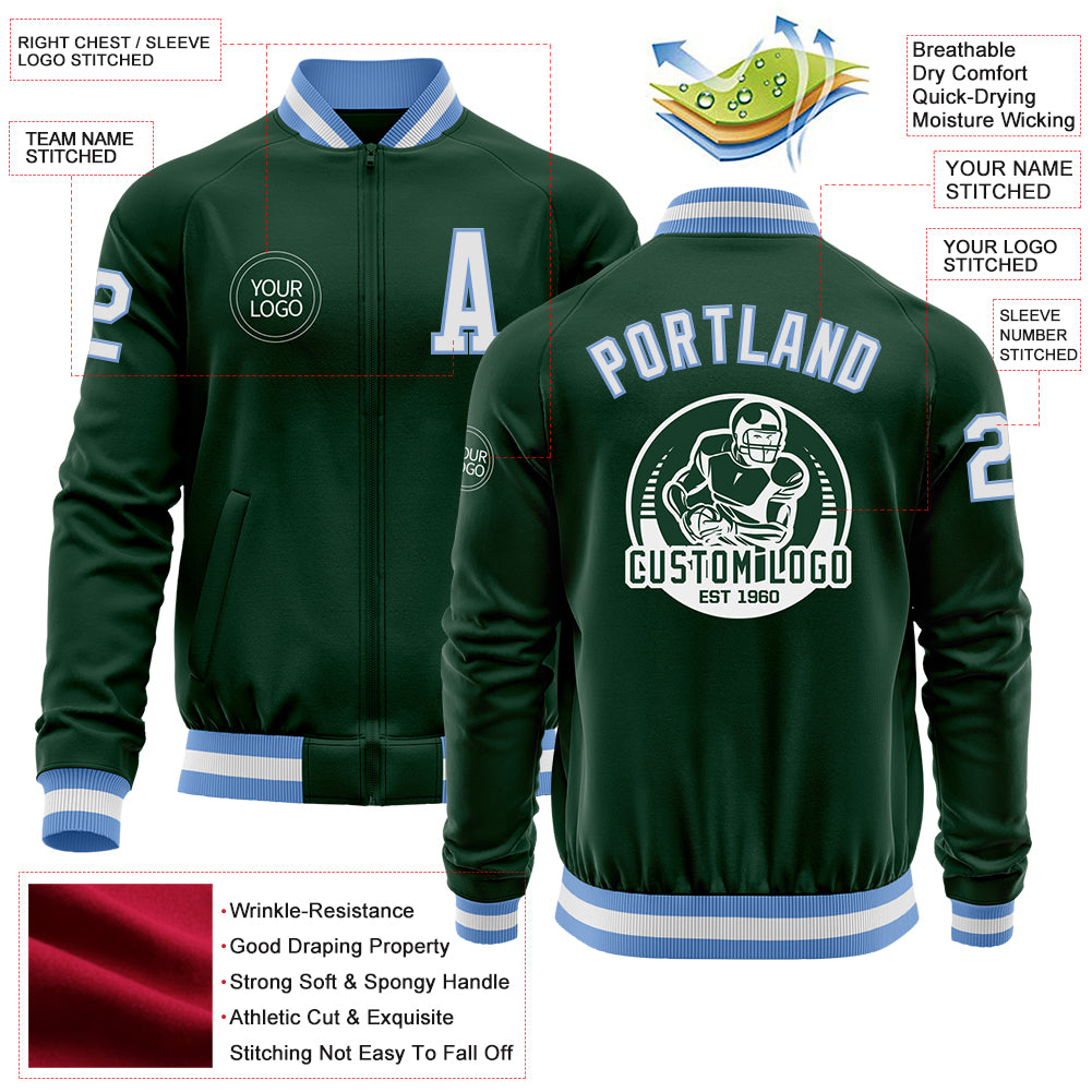 Custom Green White-Light Blue Bomber Varsity Letterman Zipper Jacket