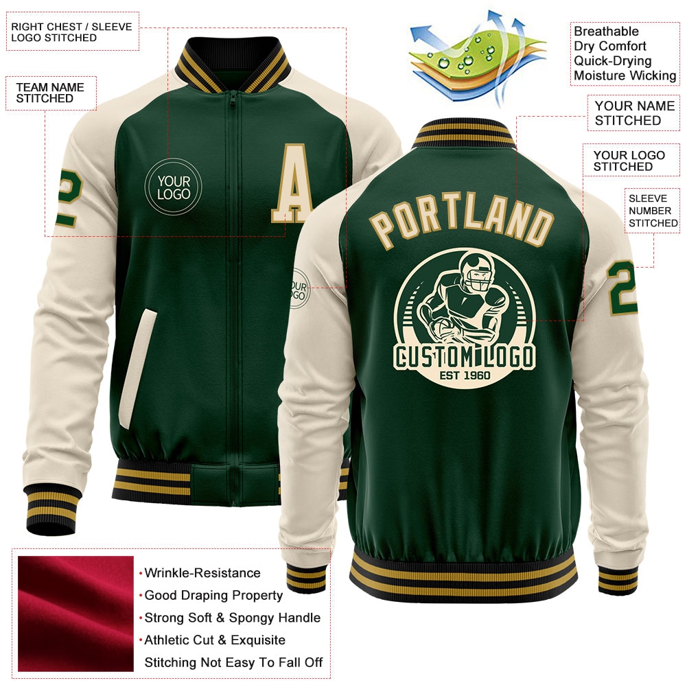 Custom Green Cream Old Gold-Black Bomber Varsity Letterman Two Tone Zipper Jacket