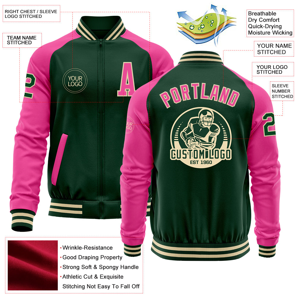 Custom Green Pink-Cream Bomber Varsity Letterman Two Tone Zipper Jacket