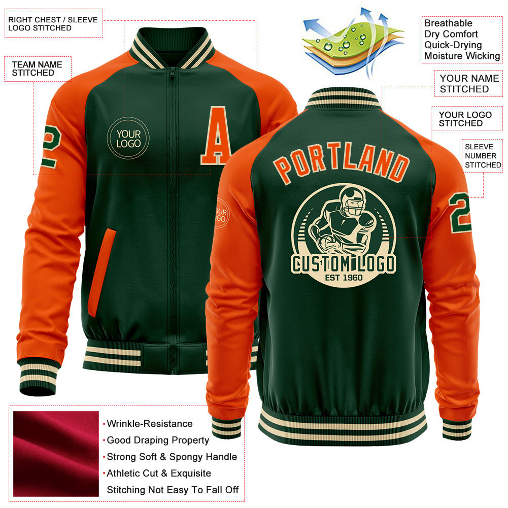 Custom Green Orange-Cream Bomber Varsity Letterman Two Tone Zipper Jacket