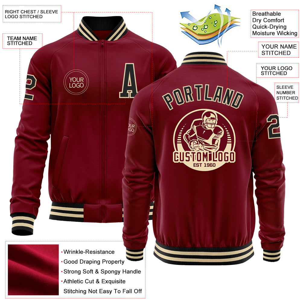 Custom Crimson Black-Cream Bomber Varsity Letterman Zipper Jacket