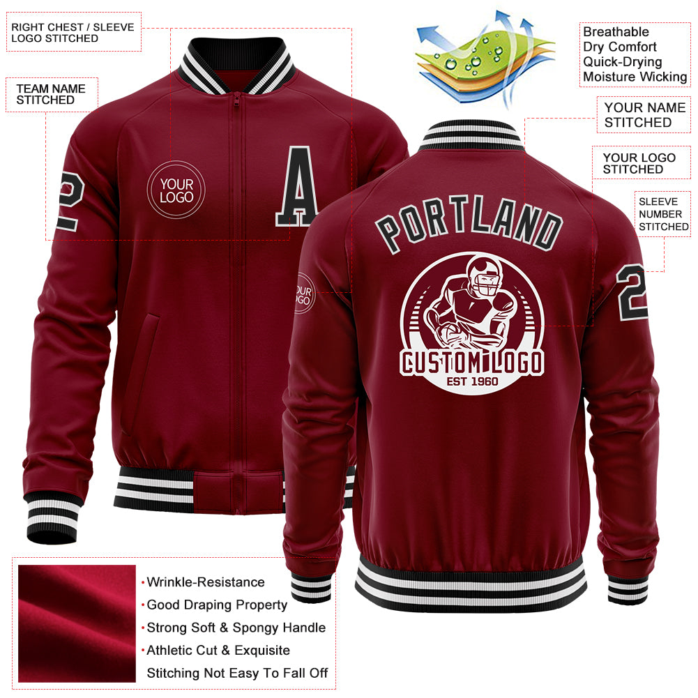 Custom Crimson Black-White Bomber Varsity Letterman Zipper Jacket