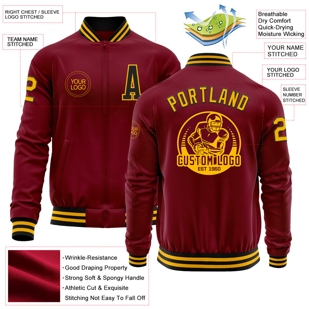 Custom Crimson Gold-Black Bomber Varsity Letterman Zipper Jacket