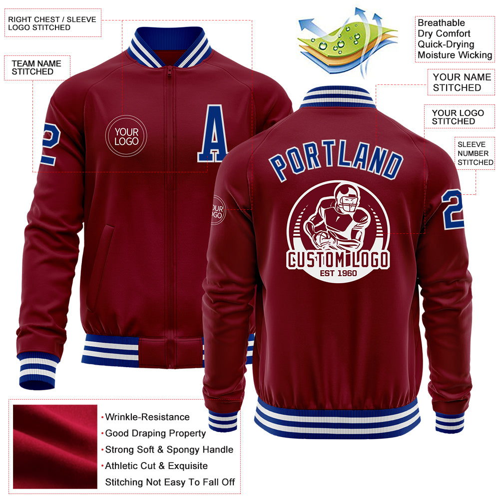 Custom Crimson Royal-White Bomber Varsity Letterman Zipper Jacket