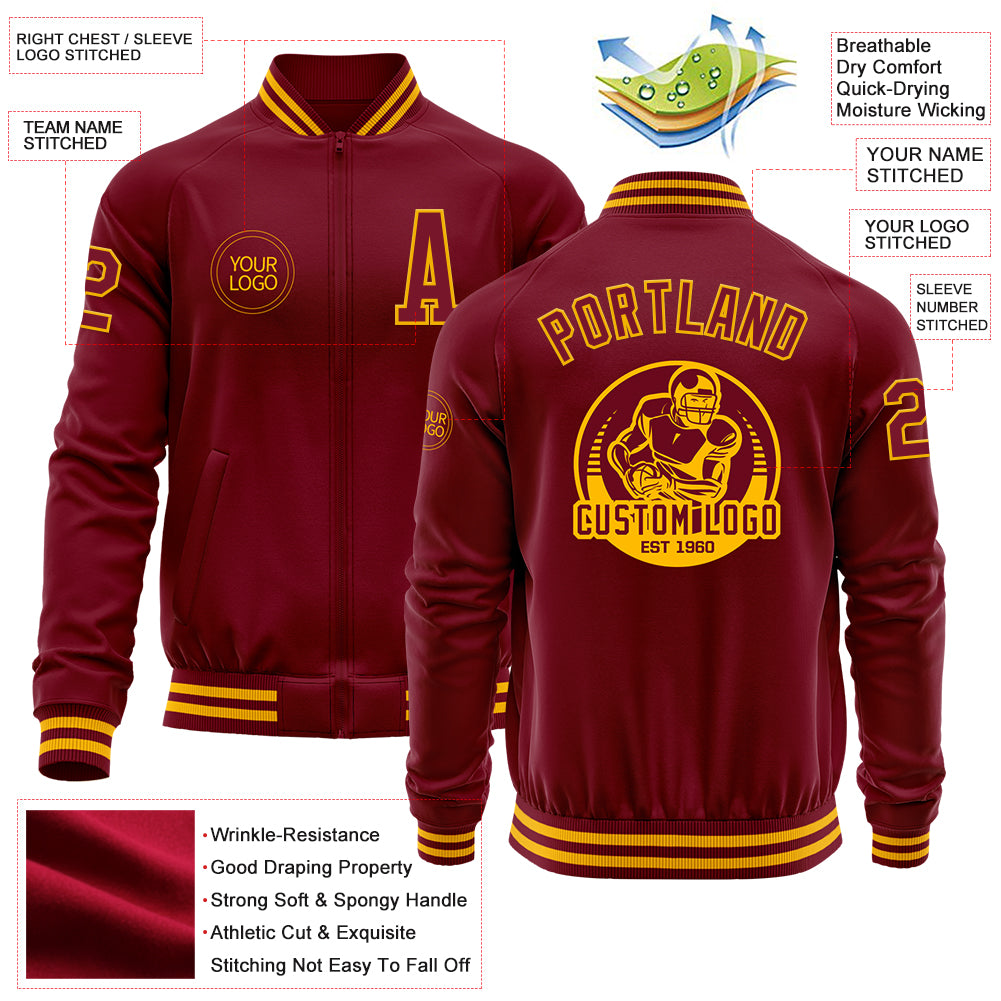 Custom Crimson Gold Bomber Varsity Letterman Zipper Jacket