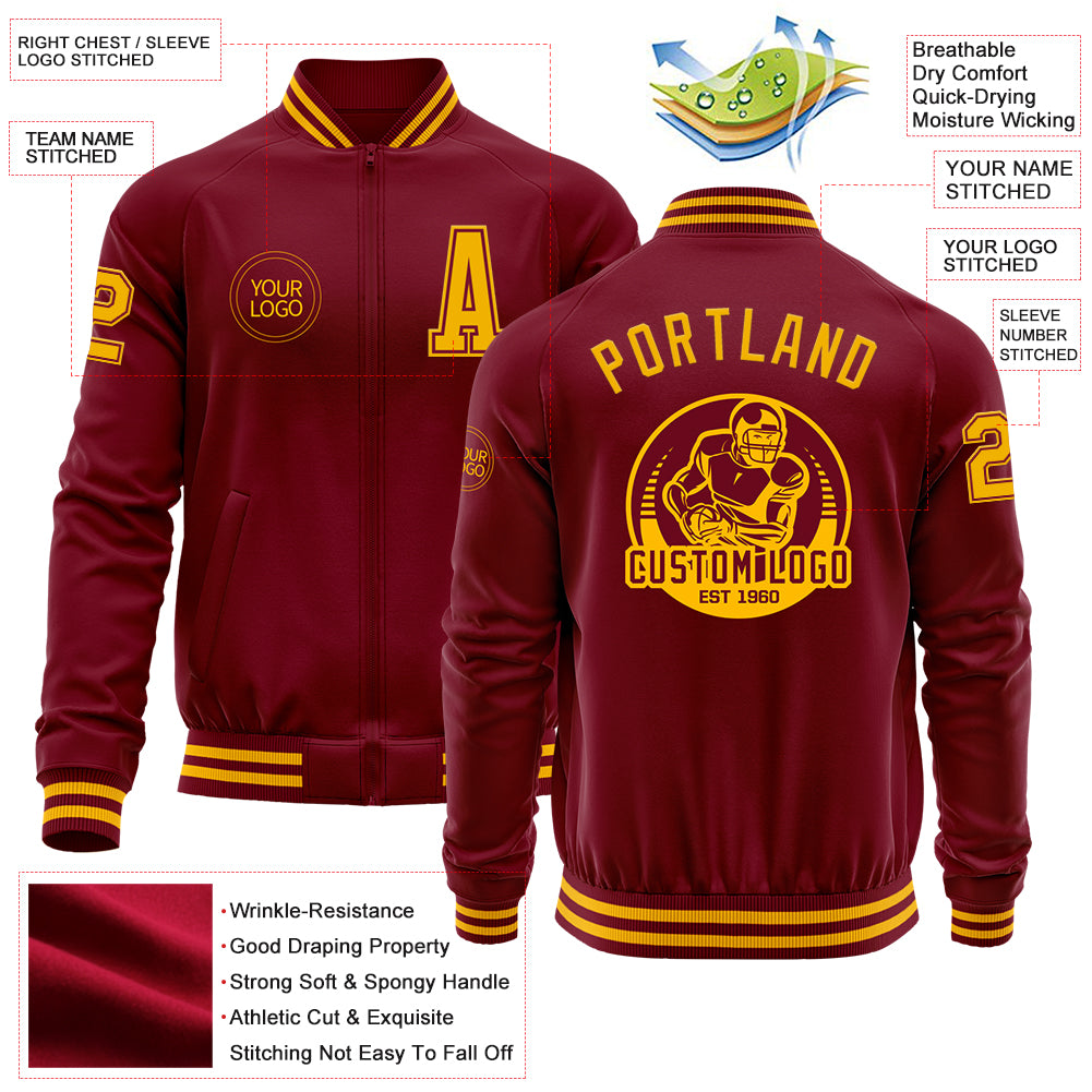 Custom Crimson Gold Bomber Varsity Letterman Zipper Jacket