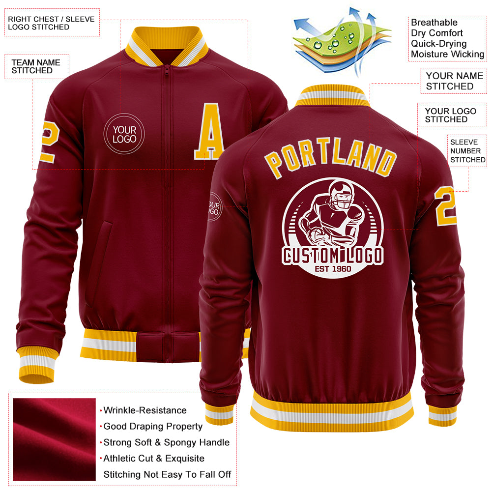 Custom Crimson Gold-White Bomber Varsity Letterman Zipper Jacket