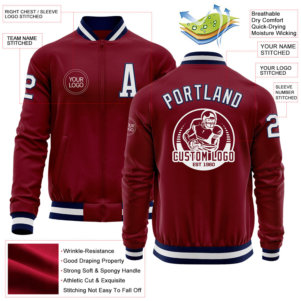 Custom Crimson White-Navy Bomber Varsity Letterman Zipper Jacket