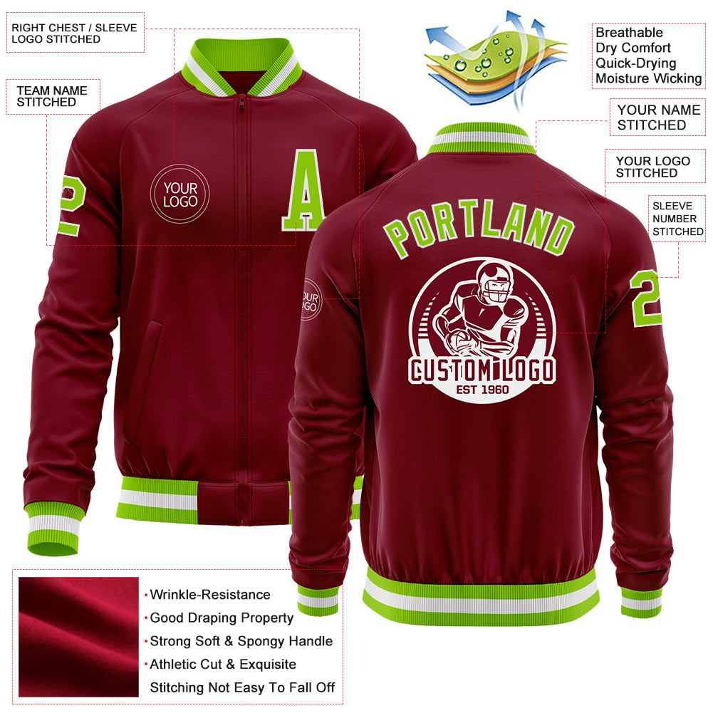 Custom Crimson Neon Green-White Bomber Varsity Letterman Zipper Jacket