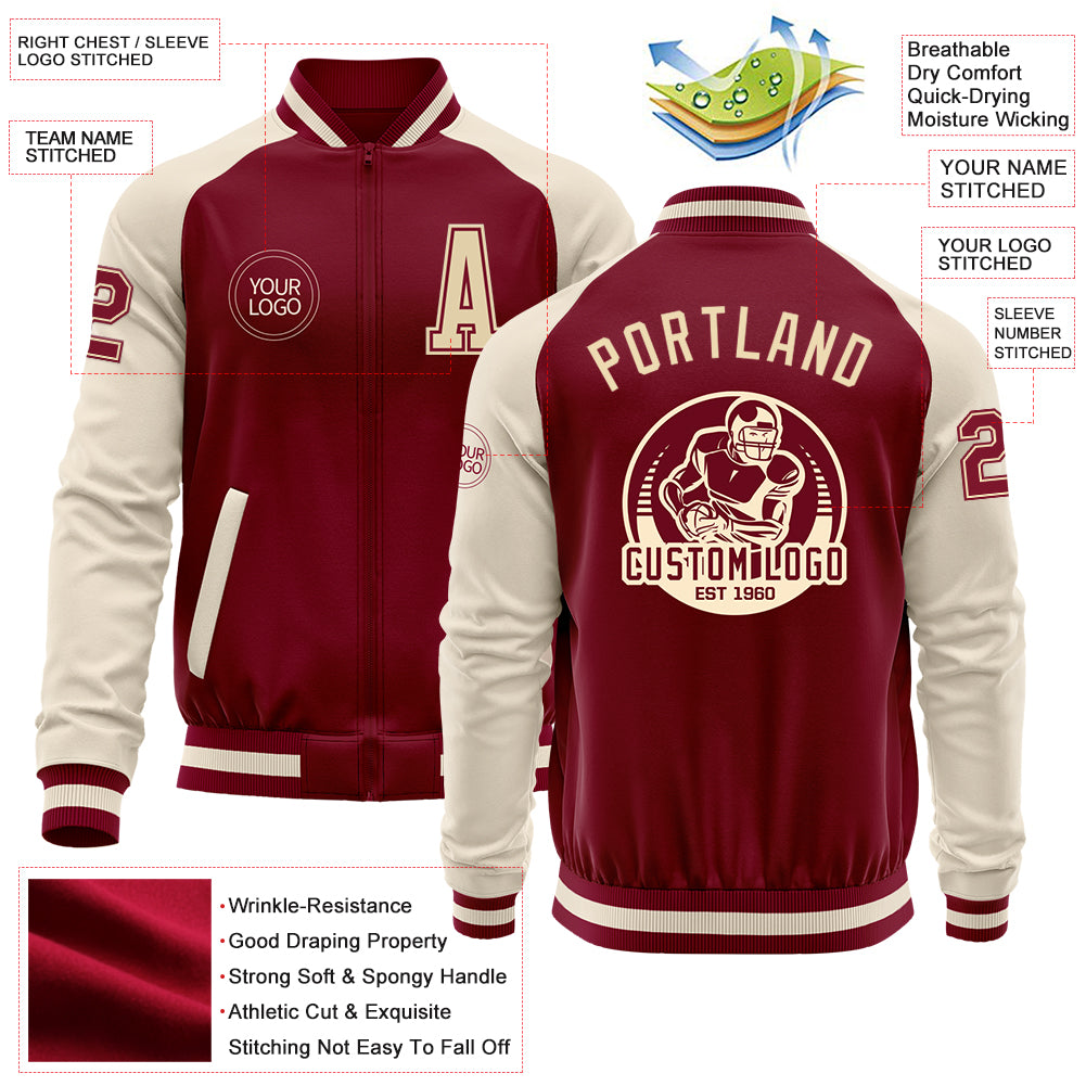 Custom Crimson Cream-Maroon Bomber Varsity Letterman Two Tone Zipper Jacket