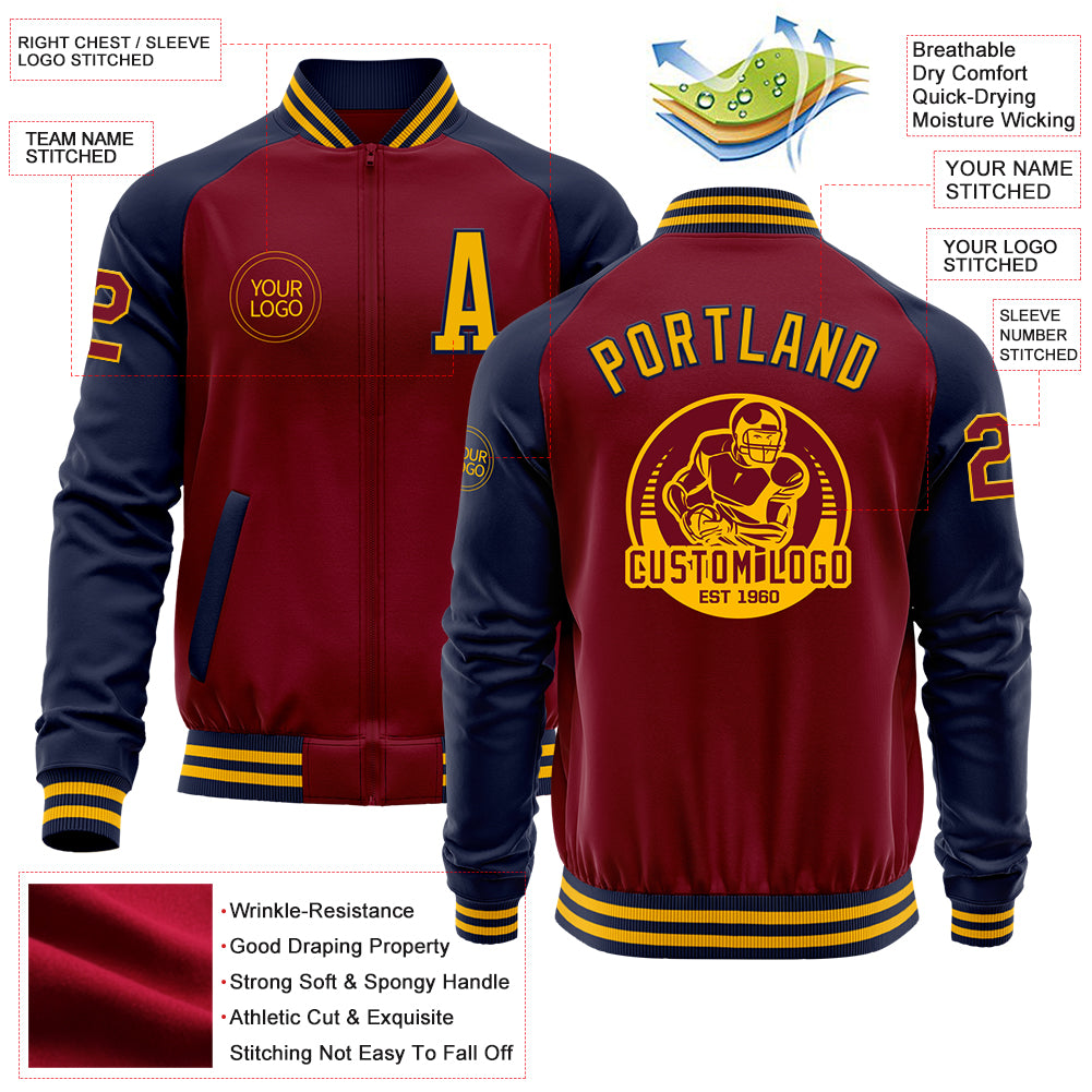 Custom Crimson Gold-Navy Bomber Varsity Letterman Two Tone Zipper Jacket