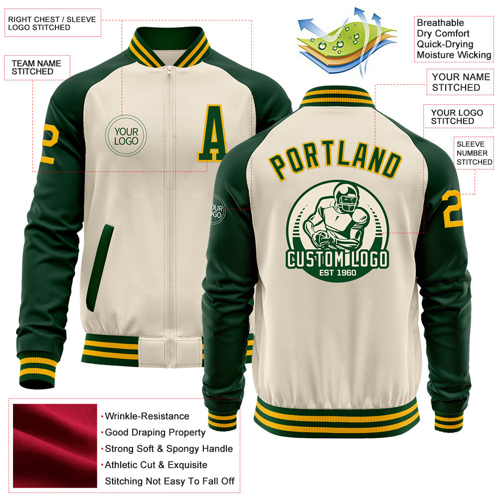 Custom Cream Gold-Green Bomber Varsity Letterman Two Tone Zipper Jacket