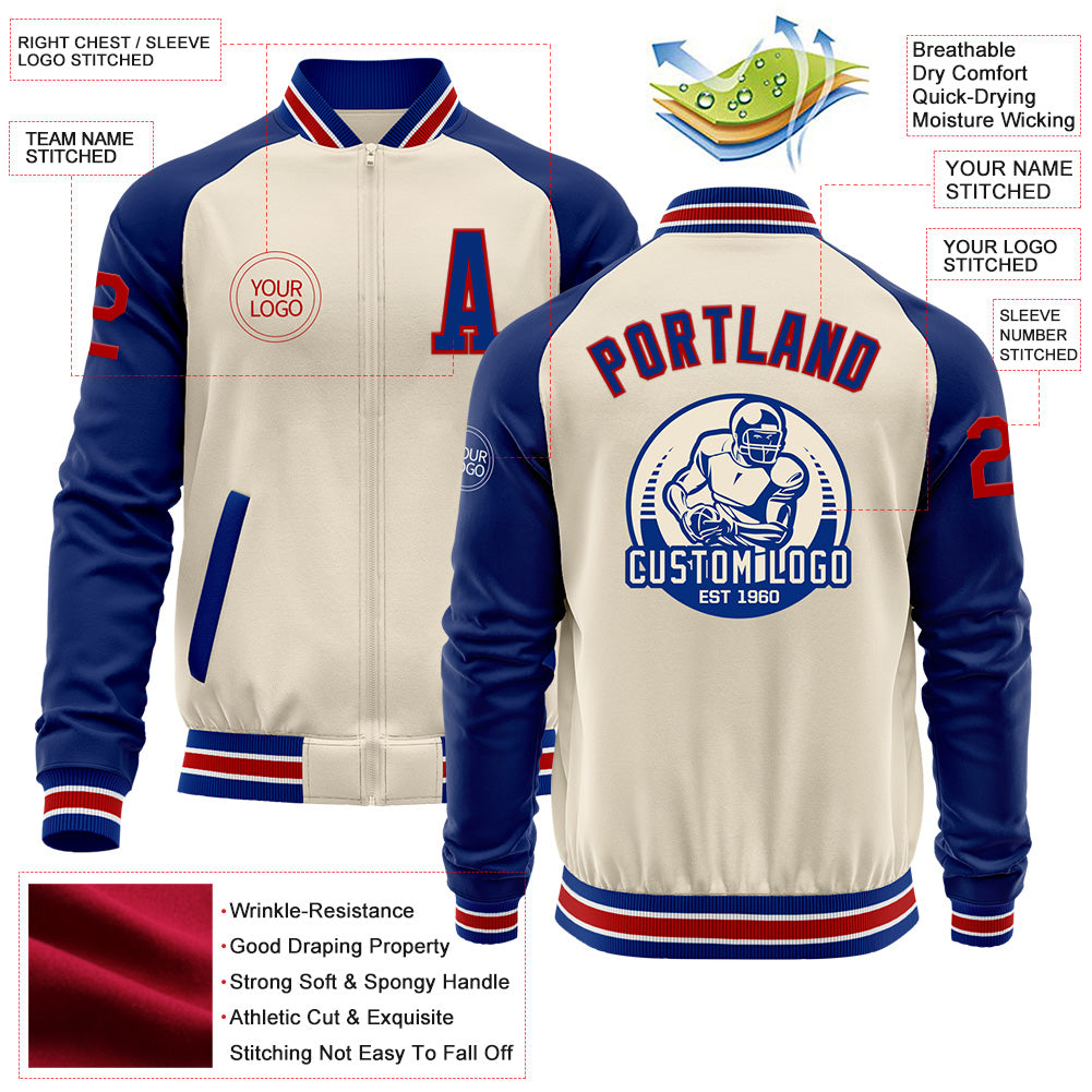 Custom Cream Red Royal-White Bomber Varsity Letterman Two Tone Zipper Jacket