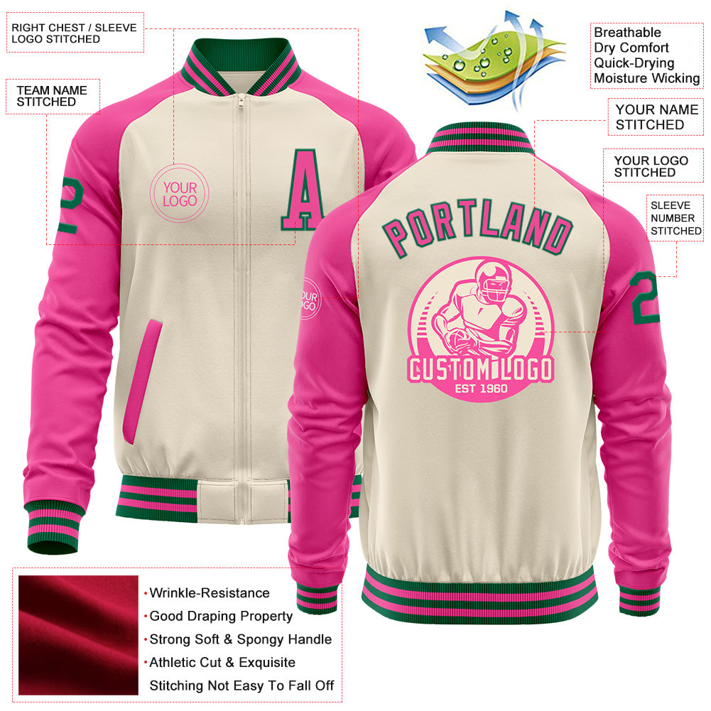 Custom Cream Kelly Green-Pink Bomber Varsity Letterman Two Tone Zipper Jacket