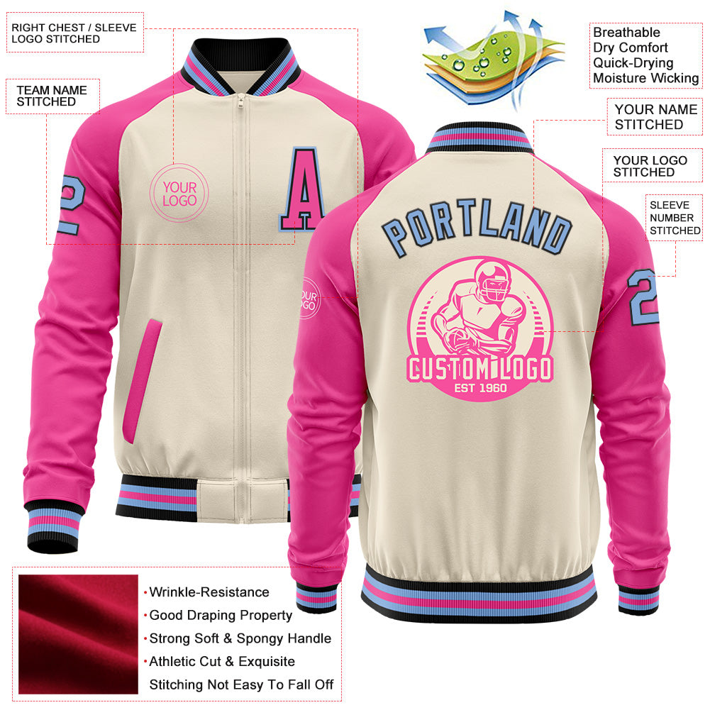 Custom Cream Light Blue Black-Pink Bomber Varsity Letterman Two Tone Zipper Jacket