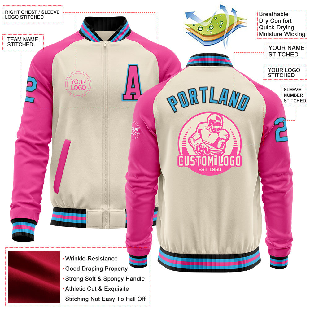 Custom Cream Sky Blue Black-Pink Bomber Varsity Letterman Two Tone Zipper Jacket