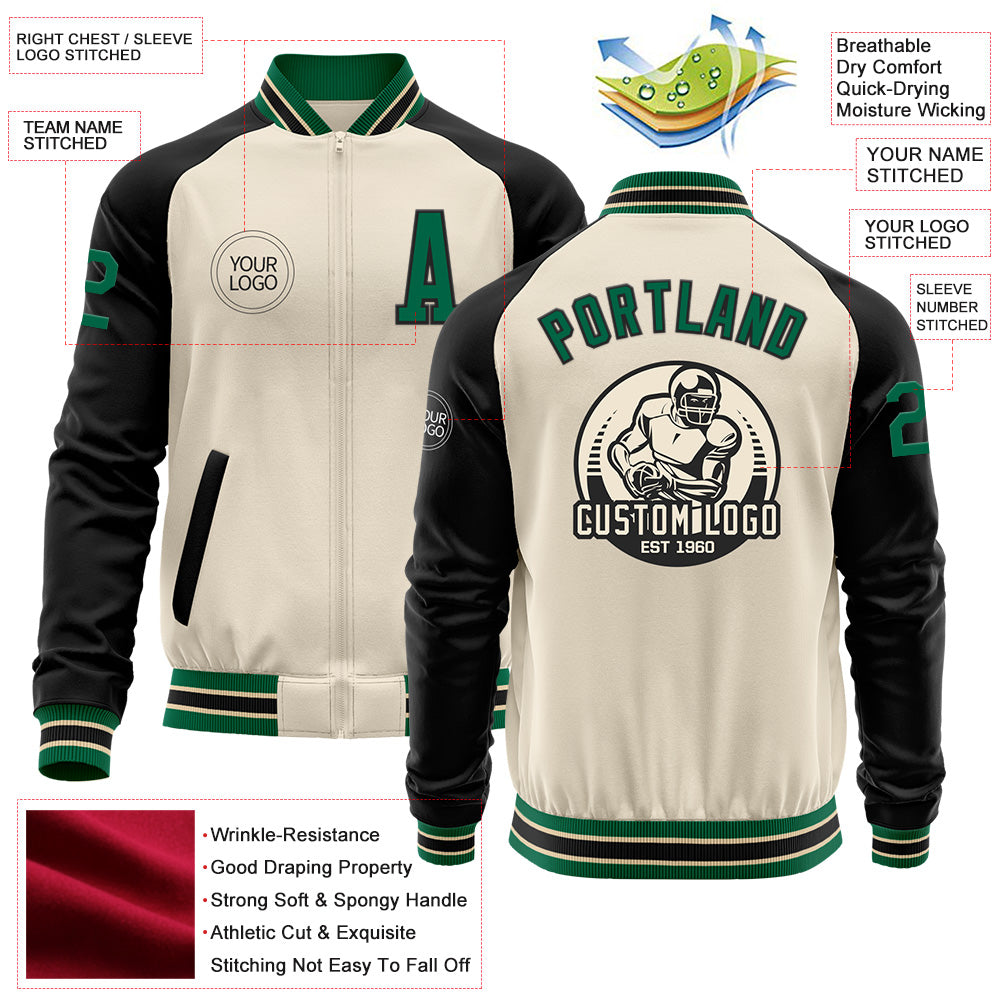 Custom Cream Kelly Green-Black Bomber Varsity Letterman Two Tone Zipper Jacket