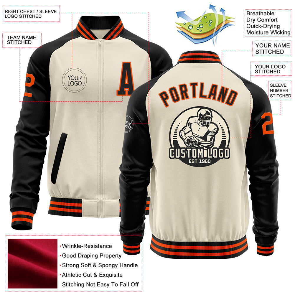 Custom Cream Orange-Black Bomber Varsity Letterman Two Tone Zipper Jacket