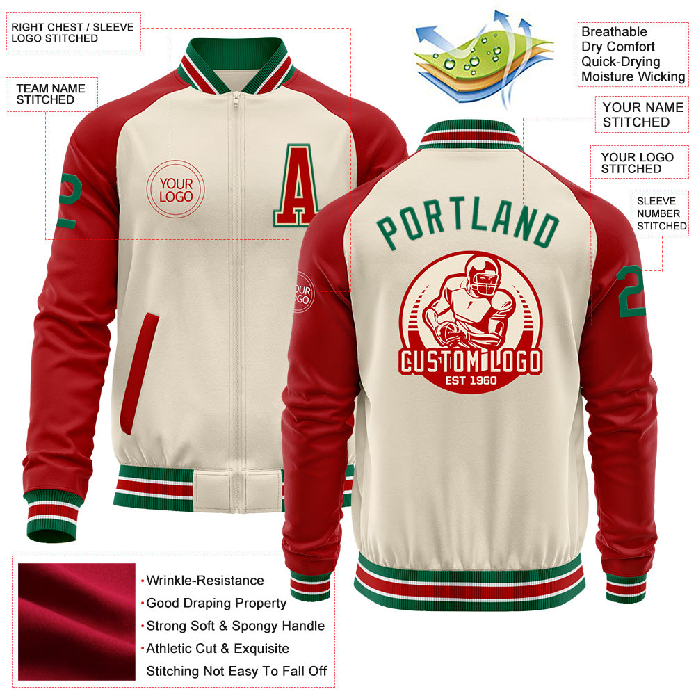 Custom Cream Kelly Green Red-White Bomber Varsity Letterman Two Tone Zipper Jacket