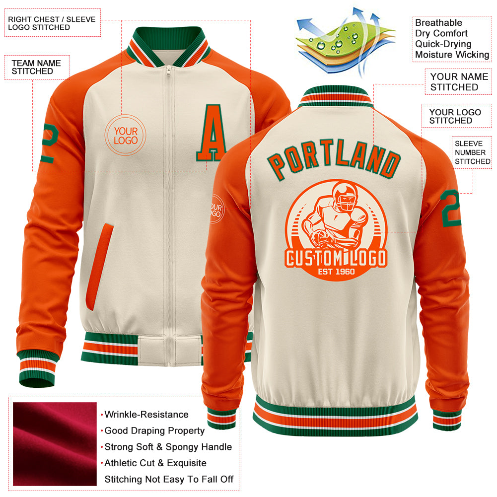 Custom Cream Kelly Green Orange-White Bomber Varsity Letterman Two Tone Zipper Jacket