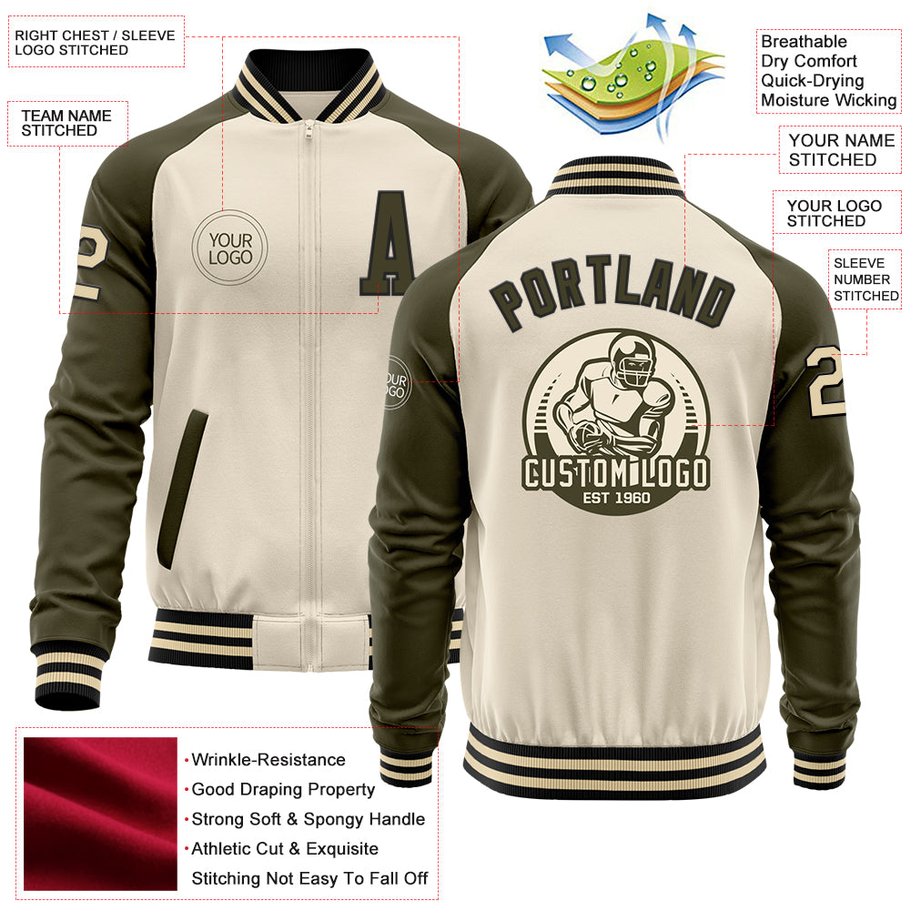 Custom Cream Black-Olive Bomber Varsity Letterman Two Tone Zipper Jacket