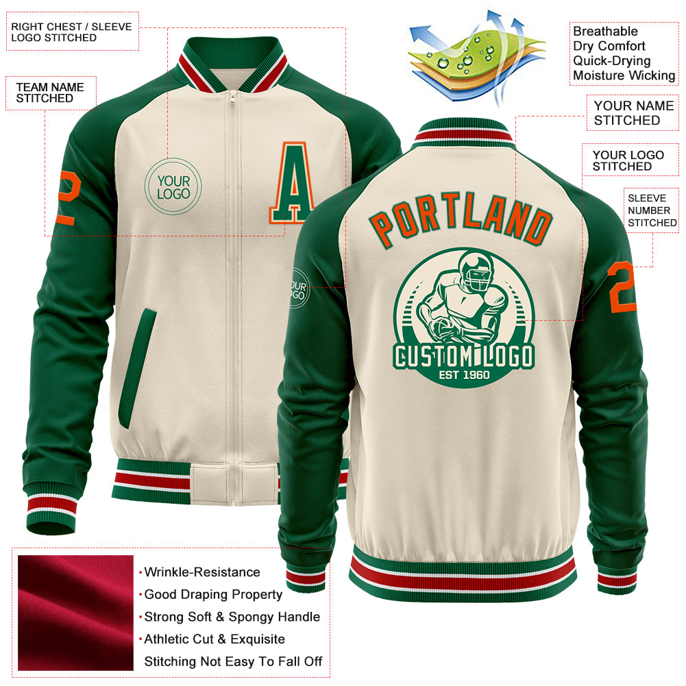 Custom Cream Orange Kelly Green-White Bomber Varsity Letterman Two Tone Zipper Jacket