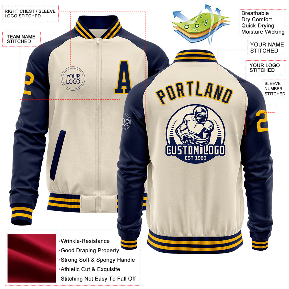 Custom Cream Gold-Navy Bomber Varsity Letterman Two Tone Zipper Jacket