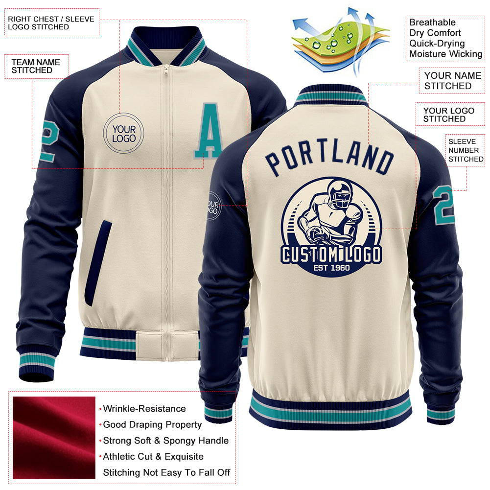 Custom Cream Teal Gray-Navy Bomber Varsity Letterman Two Tone Zipper Jacket