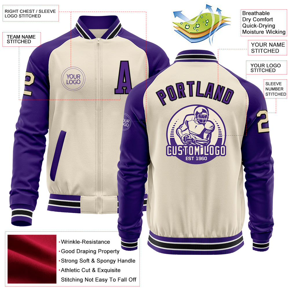 Custom Cream Black Purple-White Bomber Varsity Letterman Two Tone Zipper Jacket