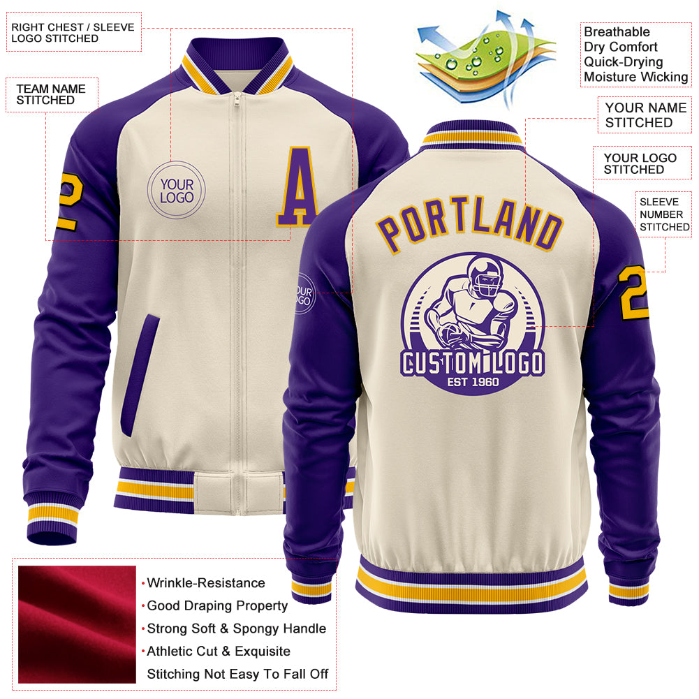 Custom Cream Gold Black Purple-White Bomber Varsity Letterman Two Tone Zipper Jacket