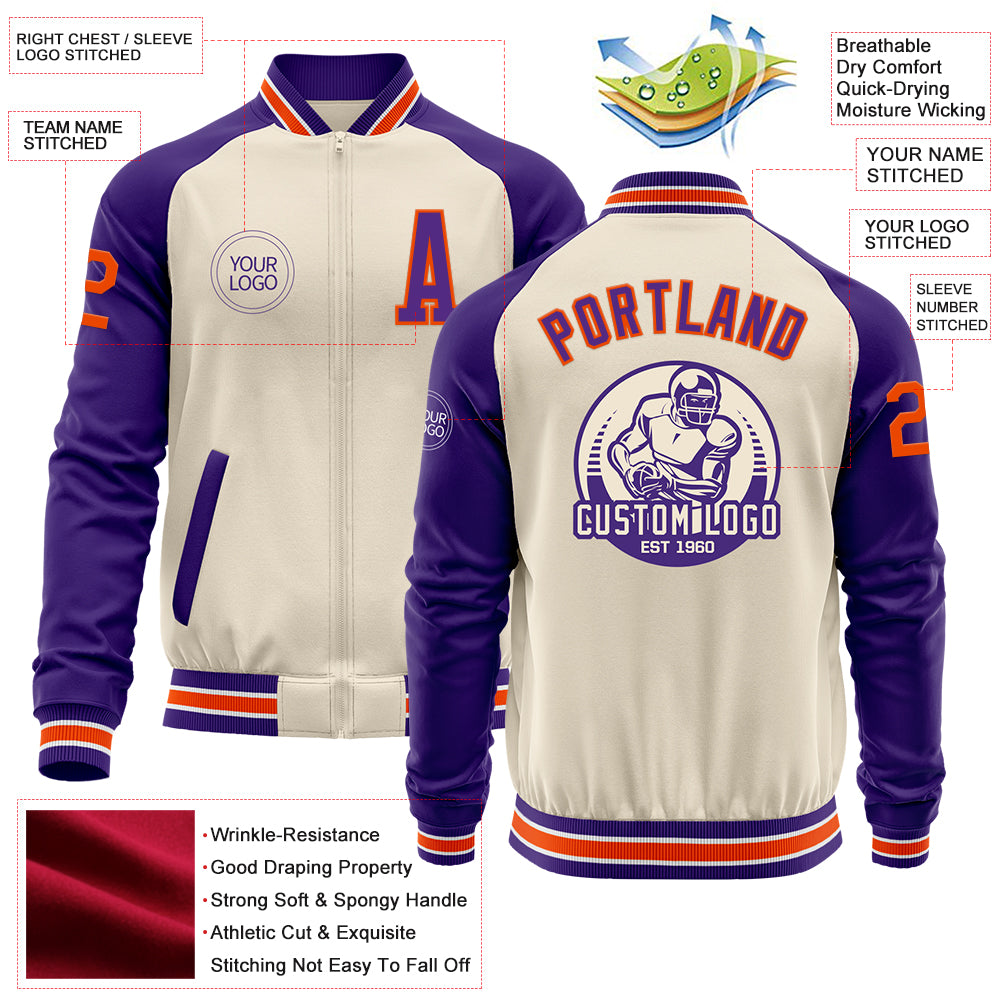 Custom Cream Orange Purple-White Bomber Varsity Letterman Two Tone Zipper Jacket