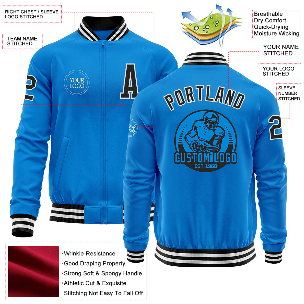 Custom Powder Blue Black-White Bomber Varsity Letterman Zipper Jacket