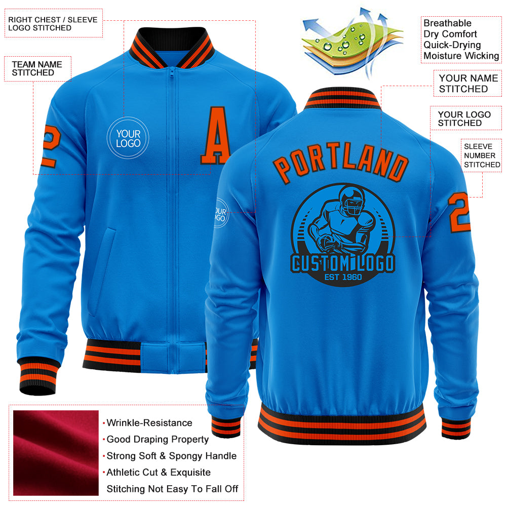 Custom Powder Blue Orange-Black Bomber Varsity Letterman Zipper Jacket