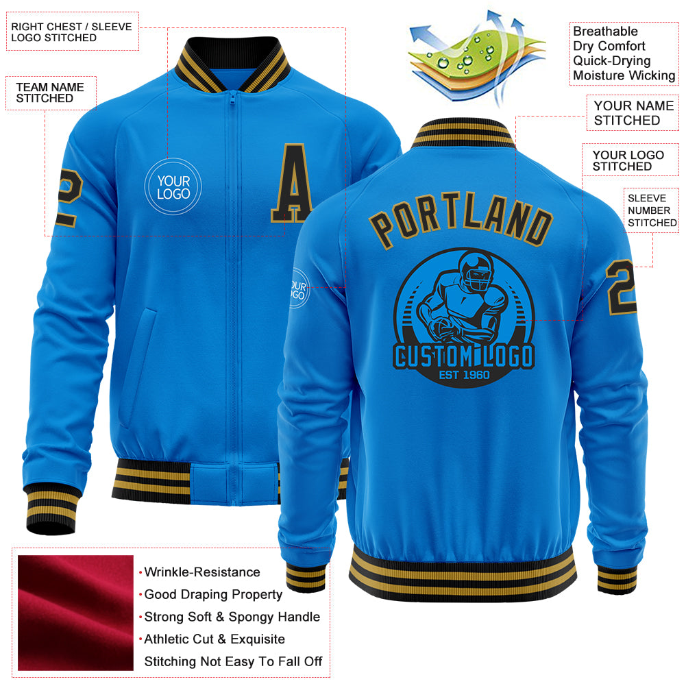 Custom Powder Blue Black-Old Gold Bomber Varsity Letterman Zipper Jacket