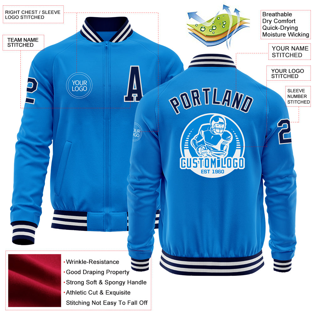 Custom Powder Blue Navy-White Bomber Varsity Letterman Zipper Jacket