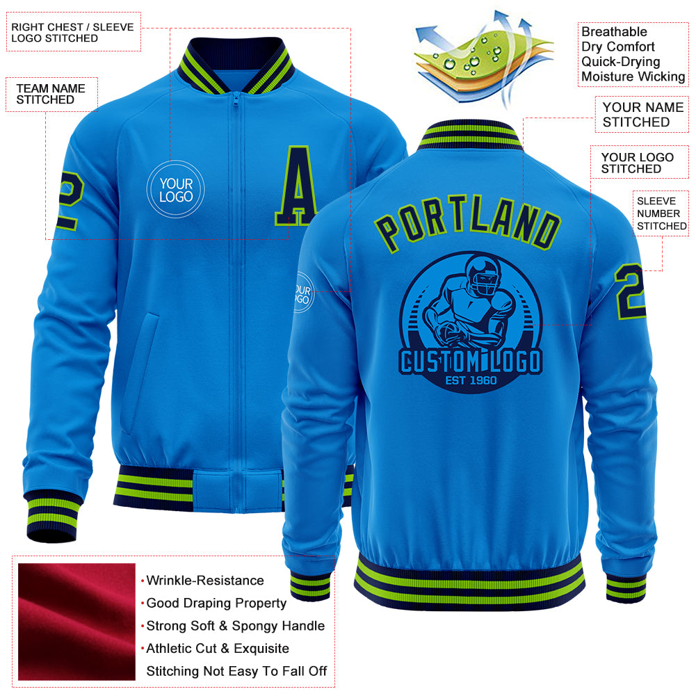 Custom Powder Blue Navy-Neon Green Bomber Varsity Letterman Zipper Jacket