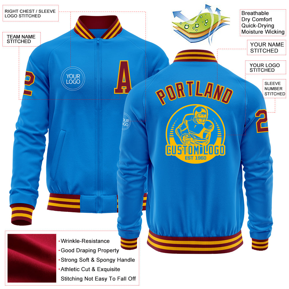 Custom Powder Blue Crimson-Gold Bomber Varsity Letterman Zipper Jacket