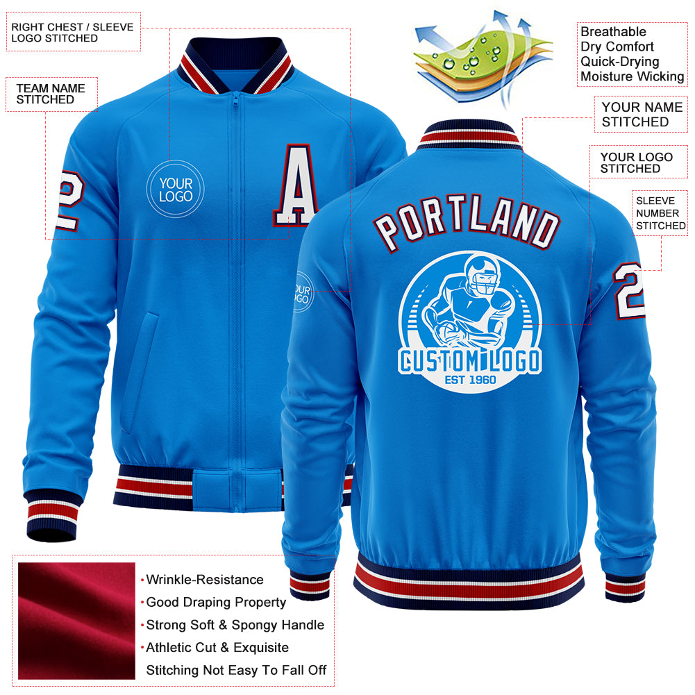 Custom Powder Blue Navy-Red Bomber Varsity Letterman Zipper Jacket