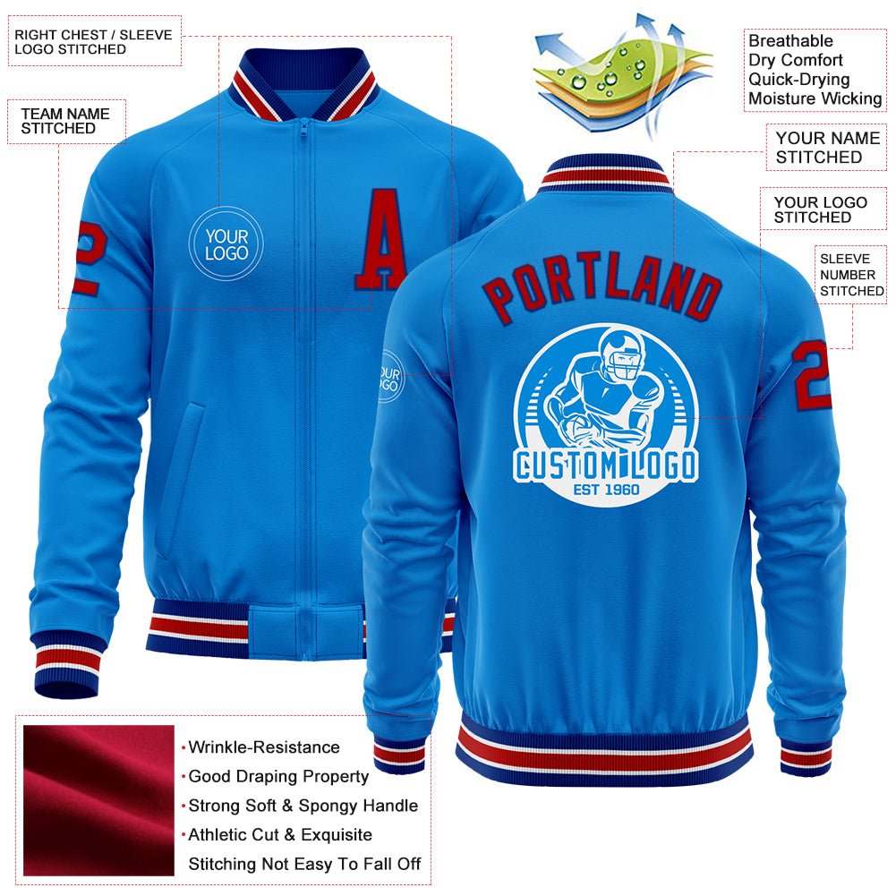 Custom Powder Blue Red-Royal Bomber Varsity Letterman Zipper Jacket