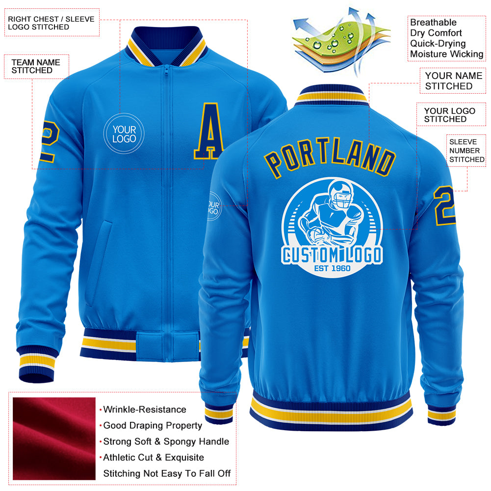 Custom Powder Blue Royal-Yellow Bomber Varsity Letterman Zipper Jacket