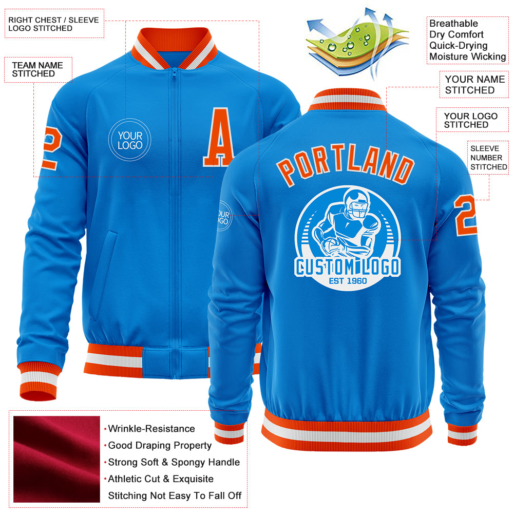 Custom Powder Blue Orange-White Bomber Varsity Letterman Zipper Jacket