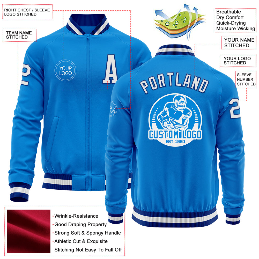 Custom Powder Blue White-Royal Bomber Varsity Letterman Zipper Jacket