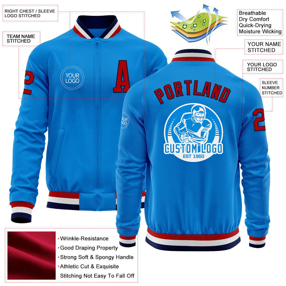 Custom Powder Blue Red-Navy Bomber Varsity Letterman Zipper Jacket