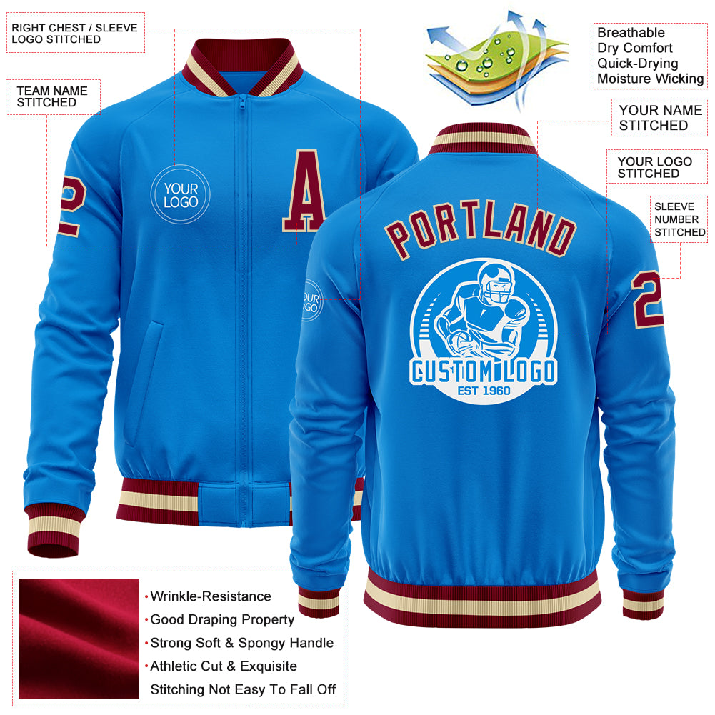 Custom Powder Blue Maroon-Cream Bomber Varsity Letterman Zipper Jacket