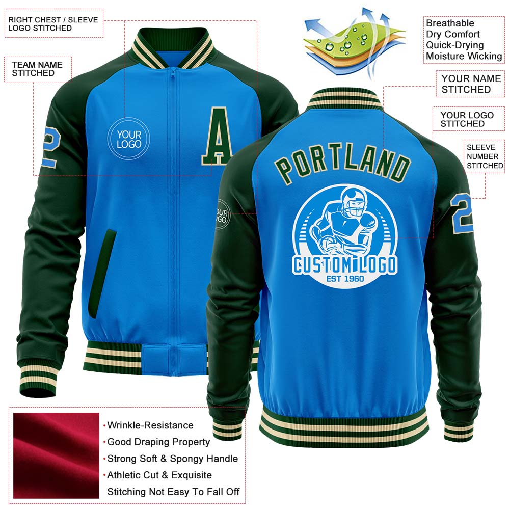 Custom Powder Blue Cream-Green Bomber Varsity Letterman Two Tone Zipper Jacket