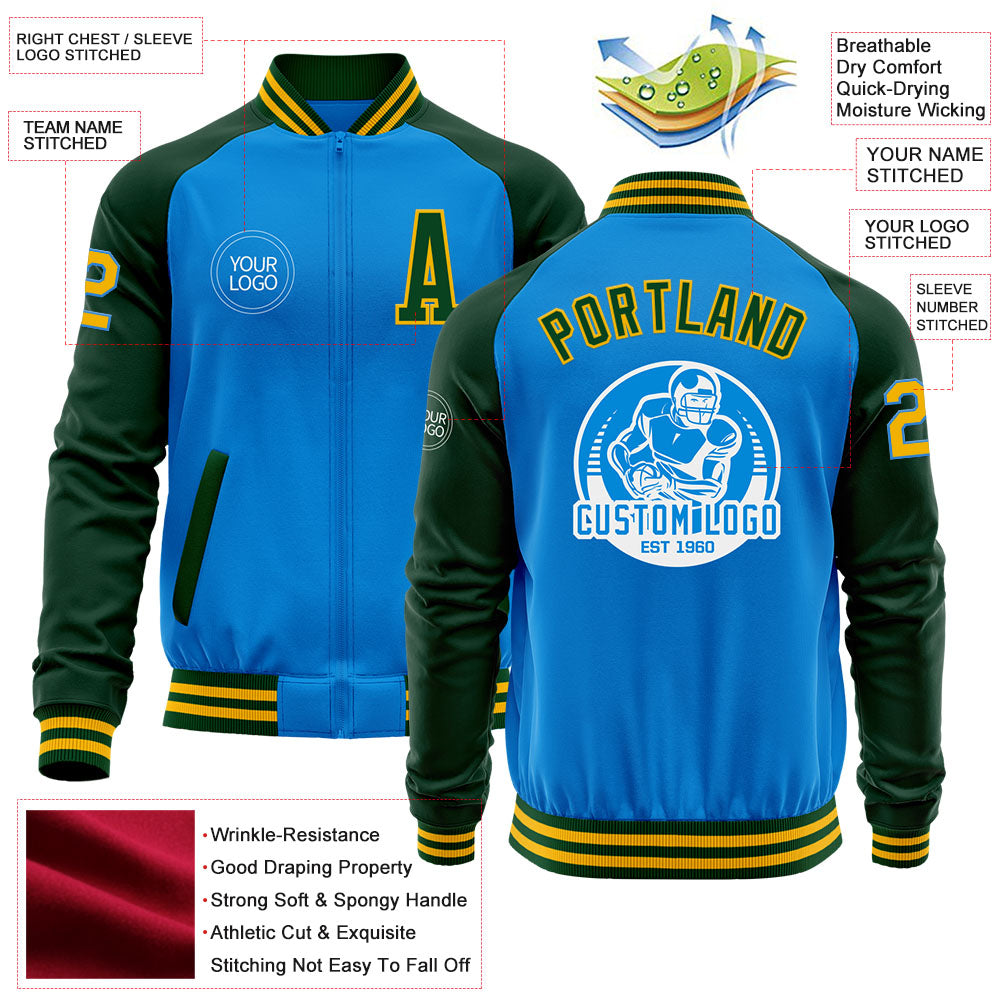 Custom Powder Blue Gold-Green Bomber Varsity Letterman Two Tone Zipper Jacket